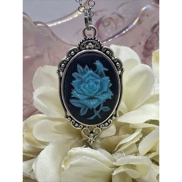 Cameo Necklace Turquoise Rose Wedding Jewelry Black Gothic Anniversary Easter - Picture 5 of 13